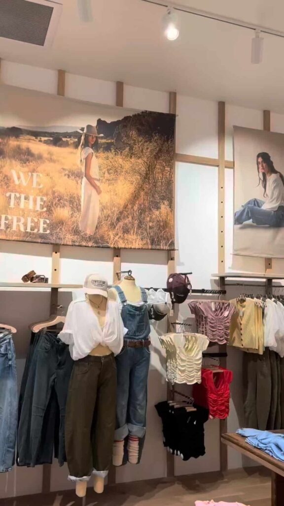 Free People store clothing displays of women’s tops and jeans at Miami Worlcenter