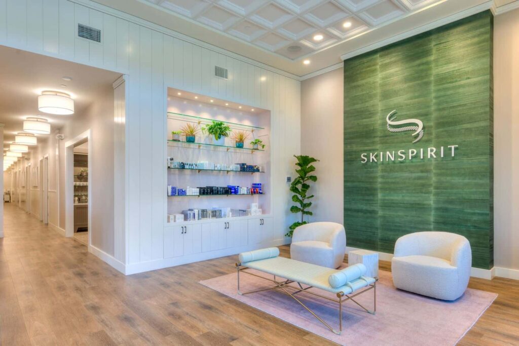 SkinSpirit clinic lobby featuring shelves of skincare products