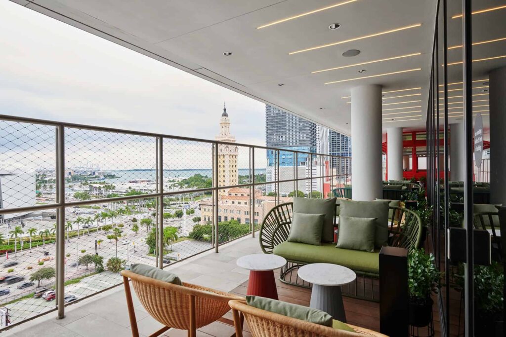 Covered outdoor balcony at citizenM Miami Worldcenter Hotel