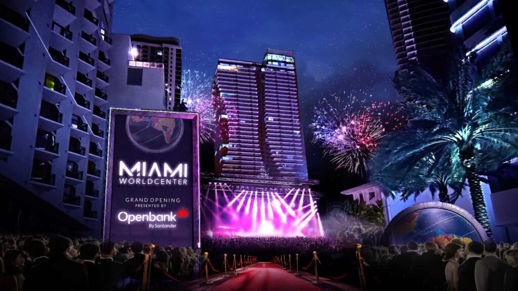 Miami Worldcenter rendering at night for a red carpet grand opening