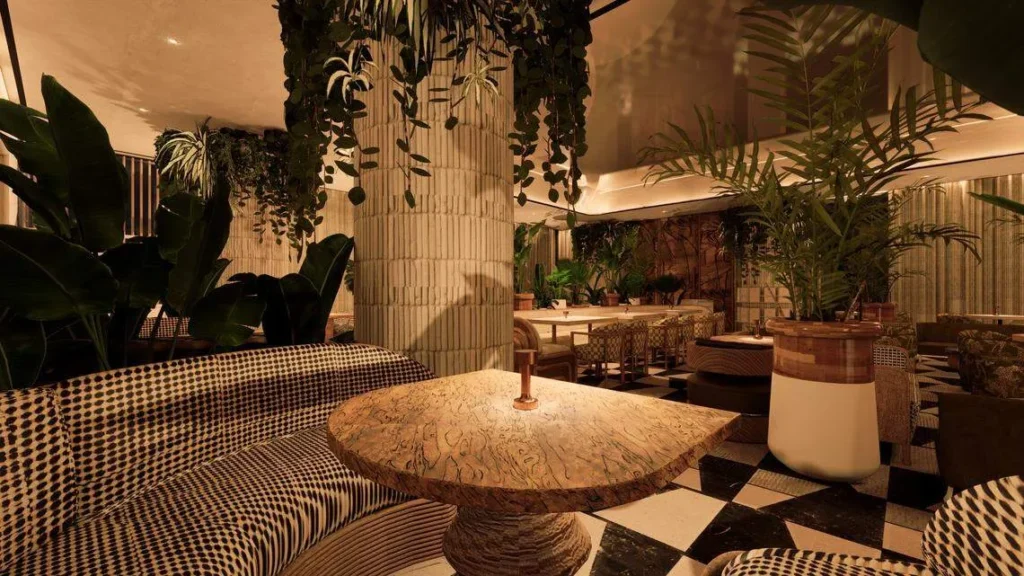 The interior of Eight Bar, coming soon to Miami Worldcenter on the first floor of Maple & Ash. Photo by The Louis Collection.