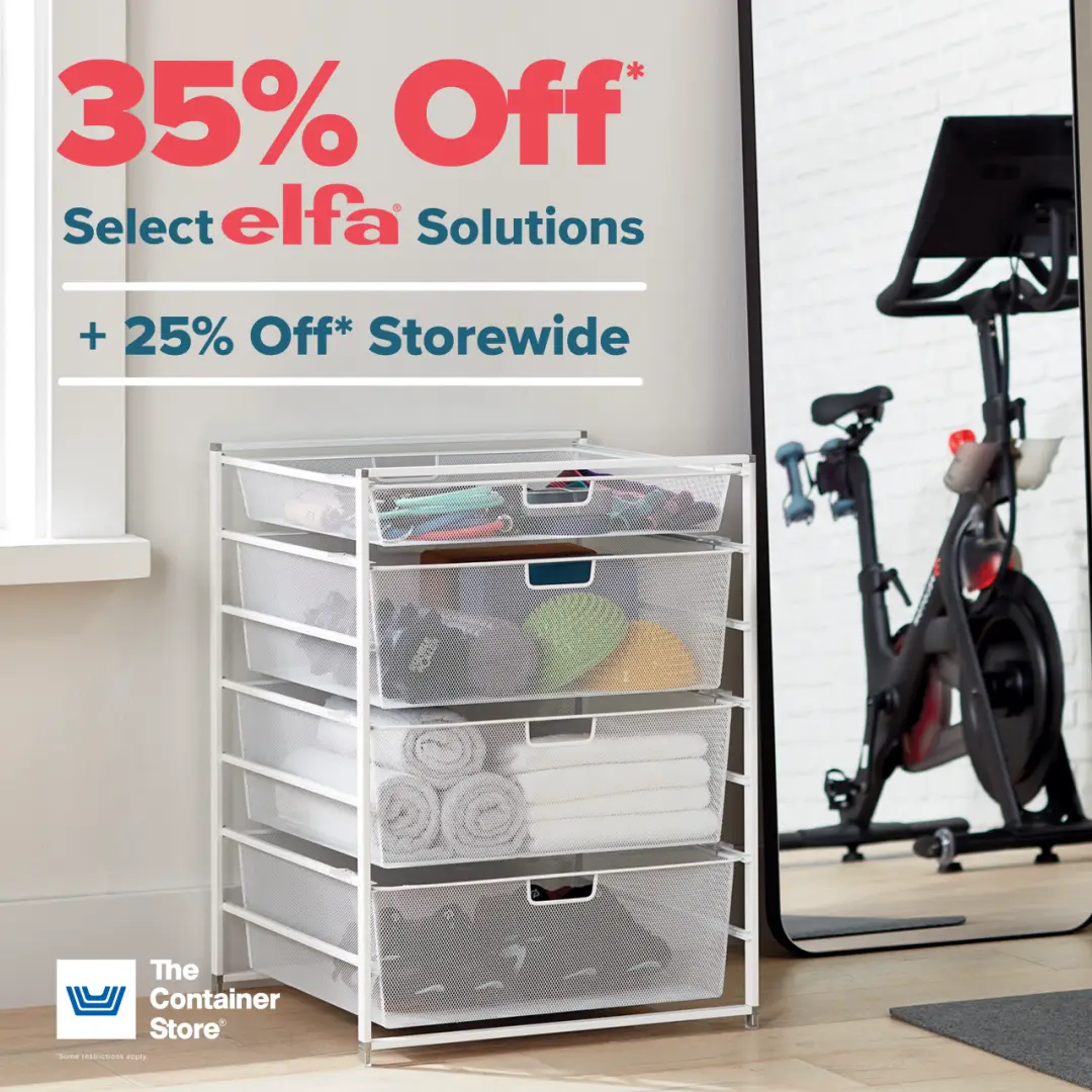 35% off select Elfa solutions at The Container Store, plus 25% off Storewide