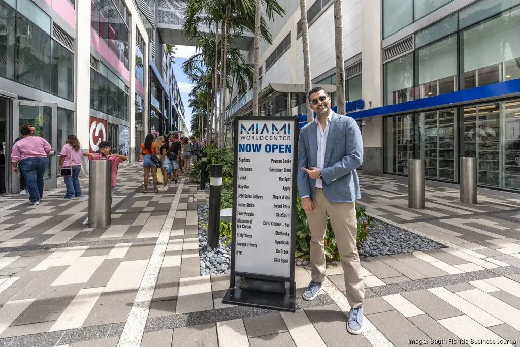 Nitin Motwani, managing partner at Merrimac Ventures, and managing partner of Miami Worldcenter Associates, at the Miami Worldcenter pedestrian shopping mall in downtown Miami. (Jock Fistick / South Florida Business Journal)