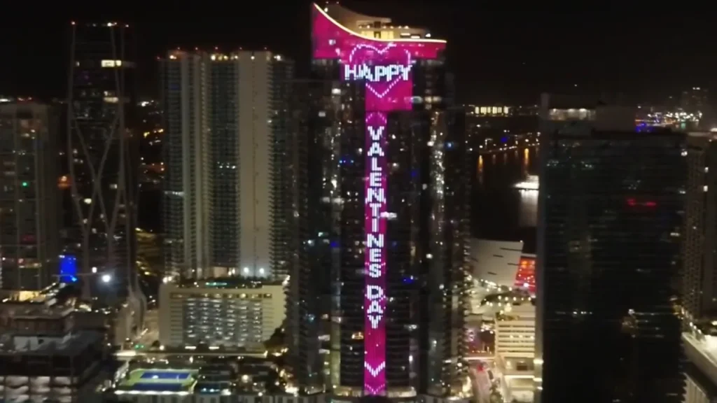 Paramount Miami Worldcenter tower lit up with a Happy Valentine’s Day message - 2/14/26 (Photo: WSVN)